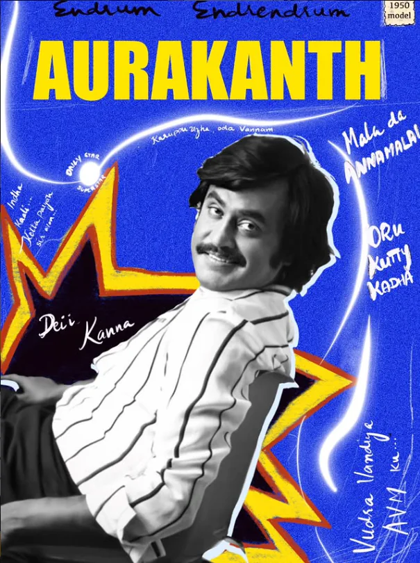 Pop-art poster titled Aurakanth, with hand-lettered notes around a portrait