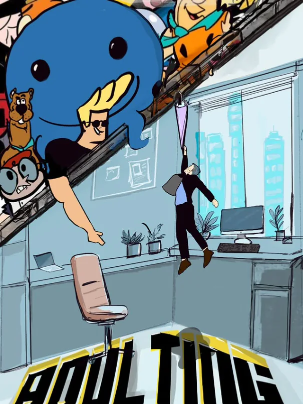 Comic illustration titled Adulting, with classic cartoon characters tumbling into an office