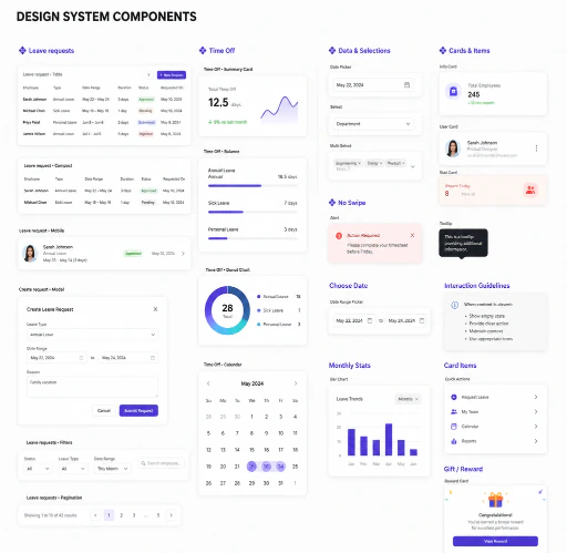 Design system component sheet: leave requests, time off, date pickers, cards, charts and interaction guidelines