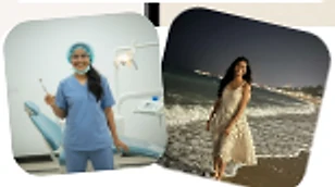 Two photos of Subhiksha: at work as a dentist, and on a beach