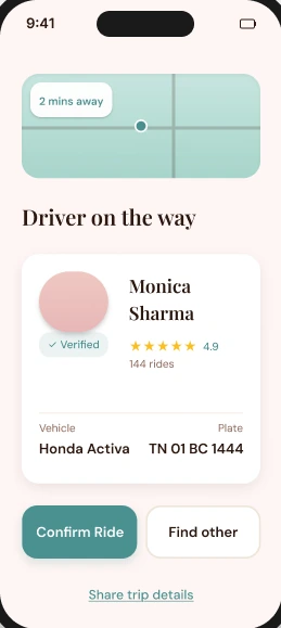 She Ride driver screen: verified driver Monica Sharma, her vehicle and plate, Confirm Ride
