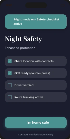 She Ride night safety screen: a safety checklist and an “I’m home safe” button