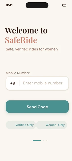She Ride welcome screen: “Welcome to SafeRide”, sign in with a mobile number